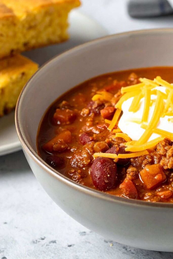 Bowl of Chili with Cornbread and Toppings